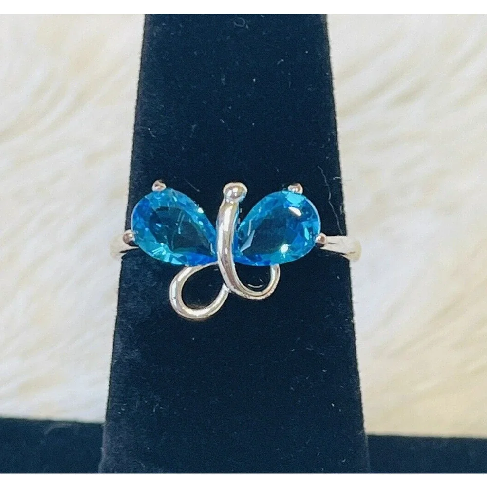 Fashion Costume Jewelry Ring Blue Stone Butterfly Rhinestone Silver Tone 6.5 - Picture 1 of 5